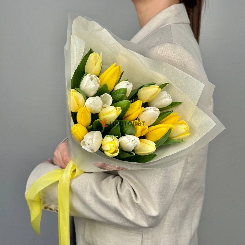 Тюльпаны бело-желтые 21 штука